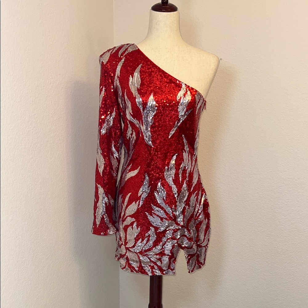 Fashion Nova Red and Silver Asymmetrical Ruched Dress - Picture 3 of 9